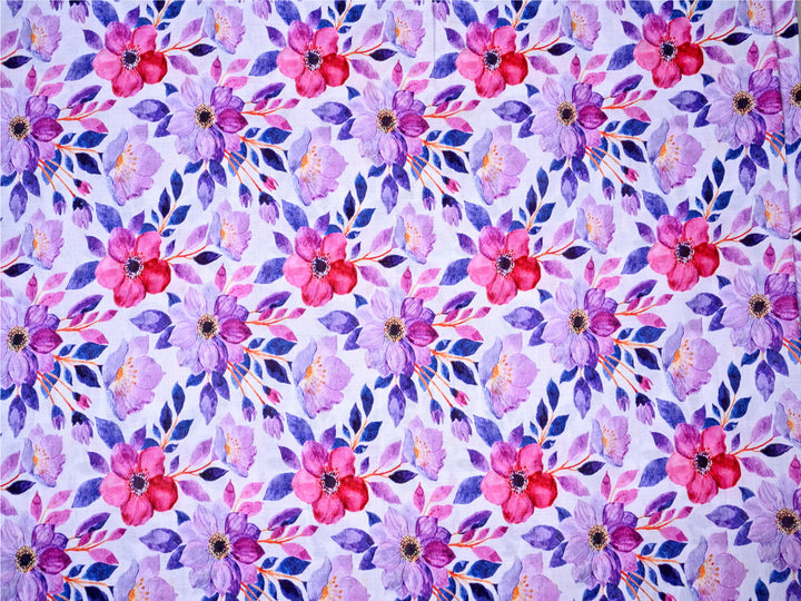Floral Pattern with Leaves Cotton Fabric ~ Purple