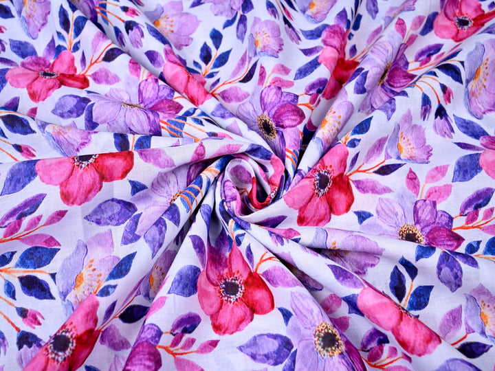 Floral Pattern with Leaves Cotton Fabric ~ Purple