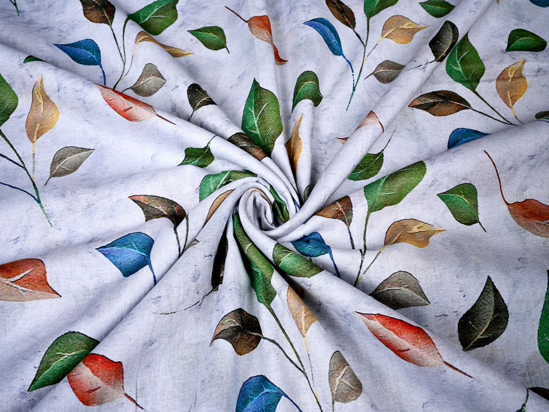 Green, Blue, Red Leaf Pattern On Cotton
