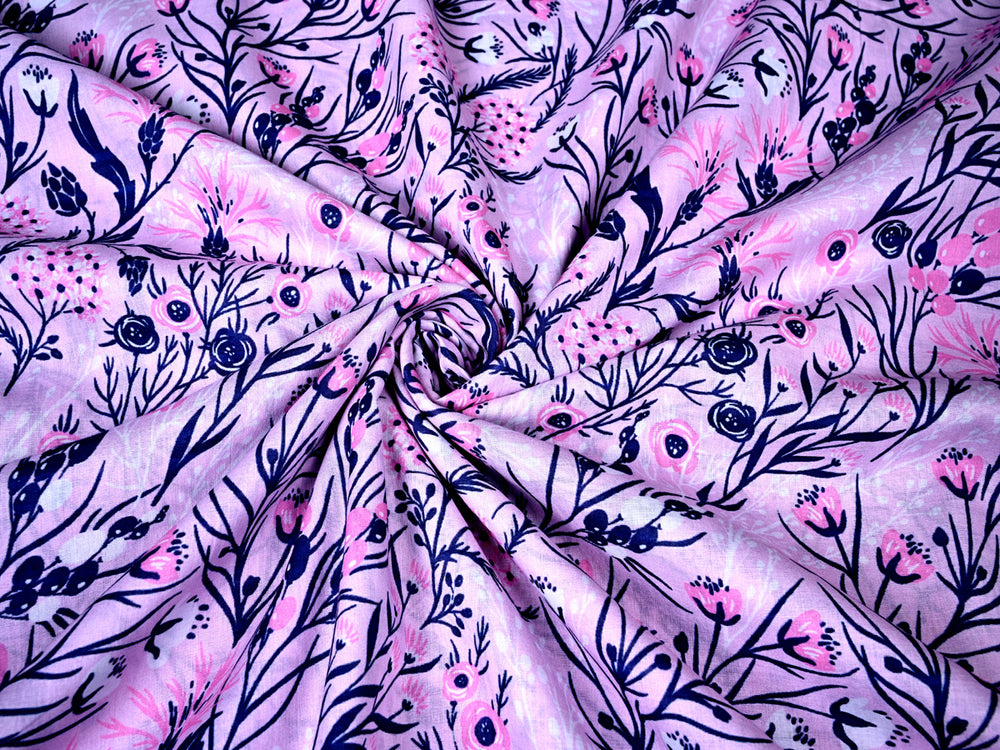 Pink, Blue Flower Prints Cotton Fabric