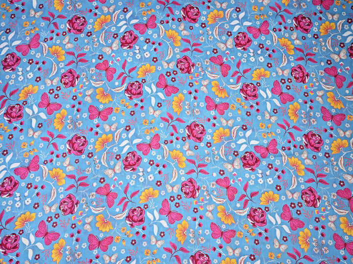 Fly High with Pink Butterfly on Sky Blue Digital Print Fabric