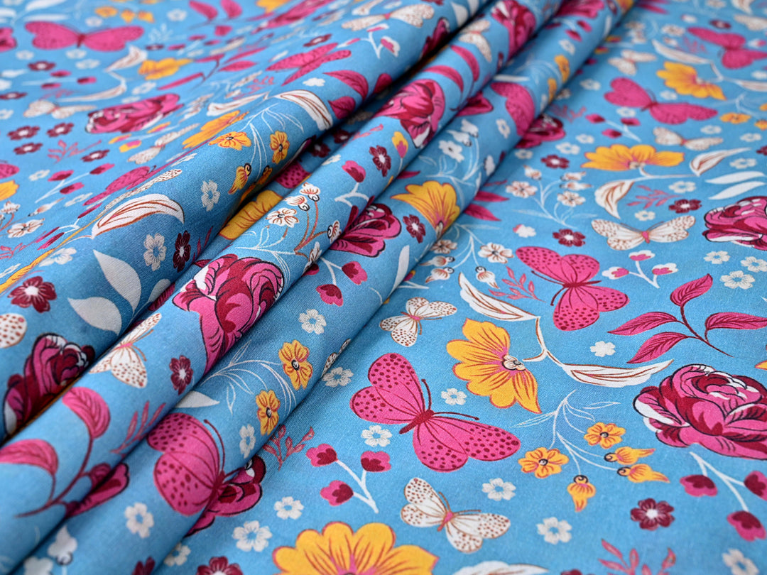 Pink Butterfly on Sky Blue Print Fabric