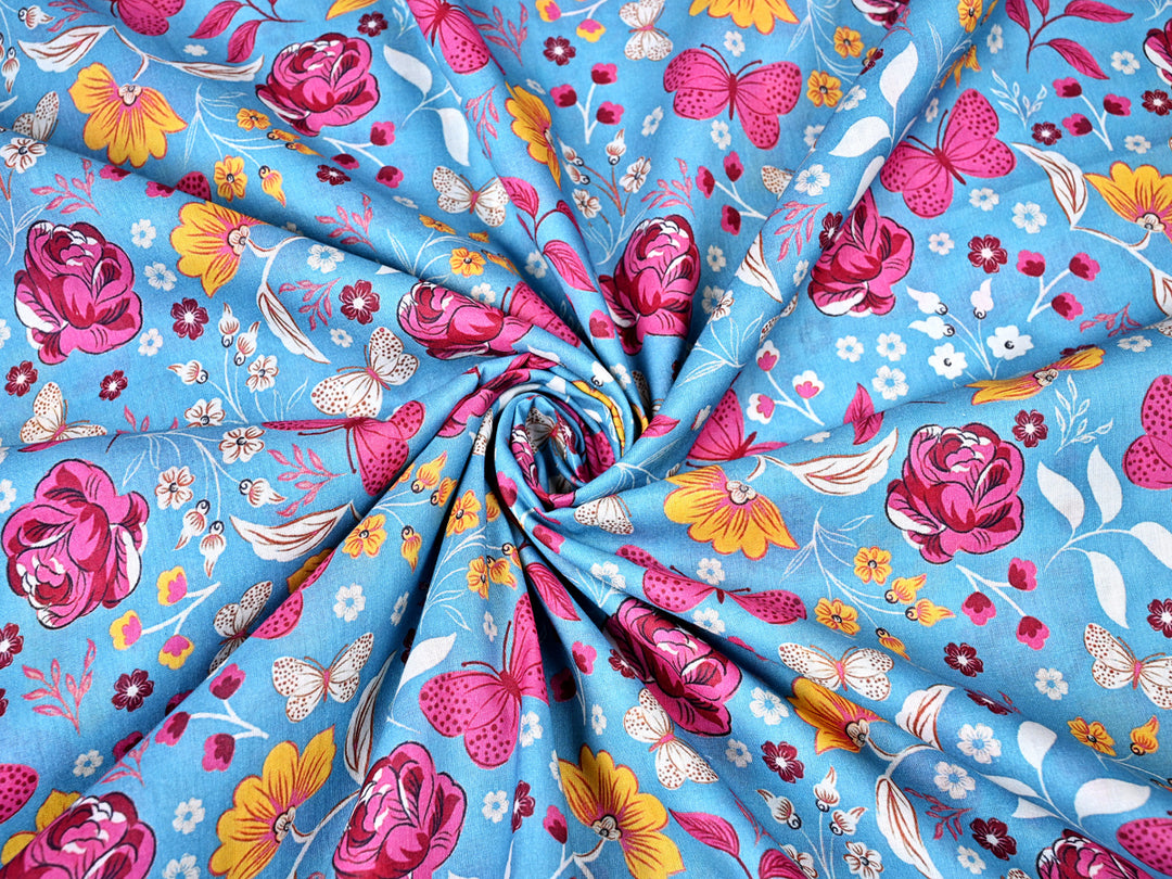 pink yellow cotton fabric floral print