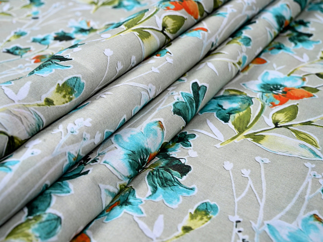 Pastel Grey Floral Print Textile with Vintage Flowers