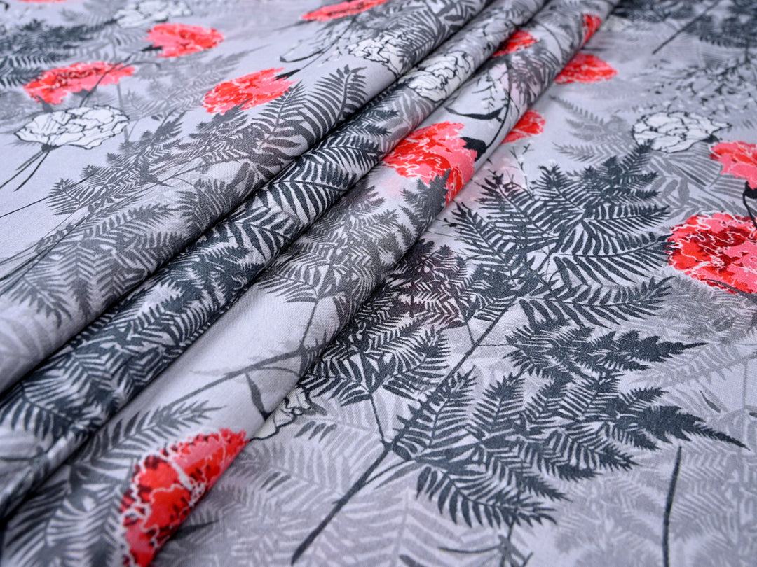 Red Florals Feather Print Cotton Fabric
