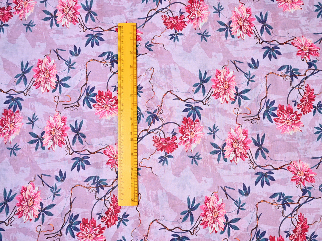 Buy Lovely Soft Pink Florals with Indigo Print Leaves Fabric