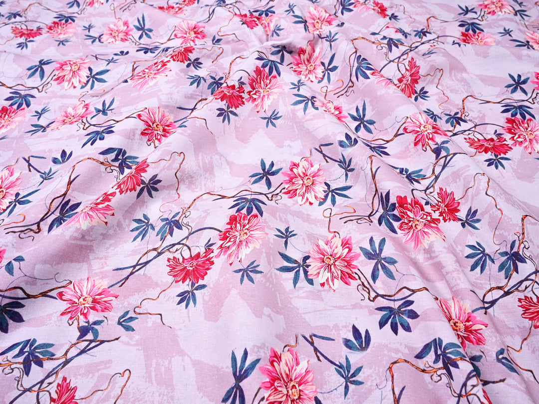 Buy Lovely Soft Pink Florals with Indigo Print Leaves Fabric