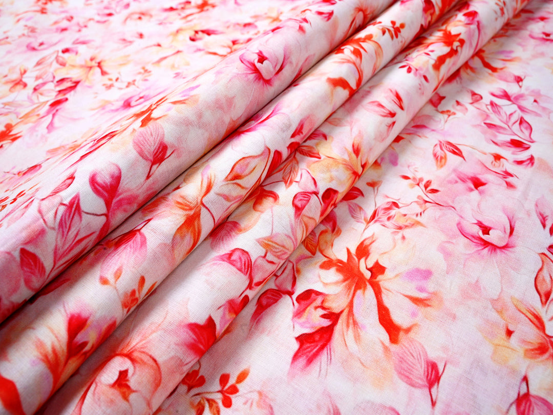 Explore Soimoi's Stylish Pink and Orange Florals Digital Fabric Print