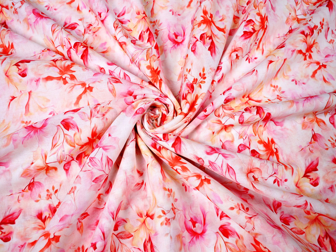 Explore Soimoi's Stylish Pink and Orange Florals Digital Fabric Print