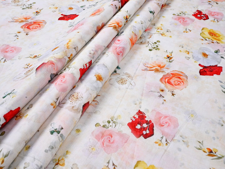 Explore our Lilac Pink, Lemon, Peach and White Roses Grace this Decorative Fabric