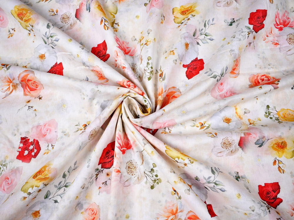 Red Floral Cotton Fabric By The Yard