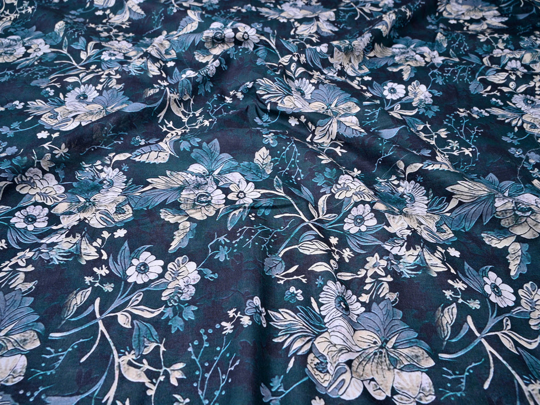 Blue White Flowers leaf Printed Fabrics