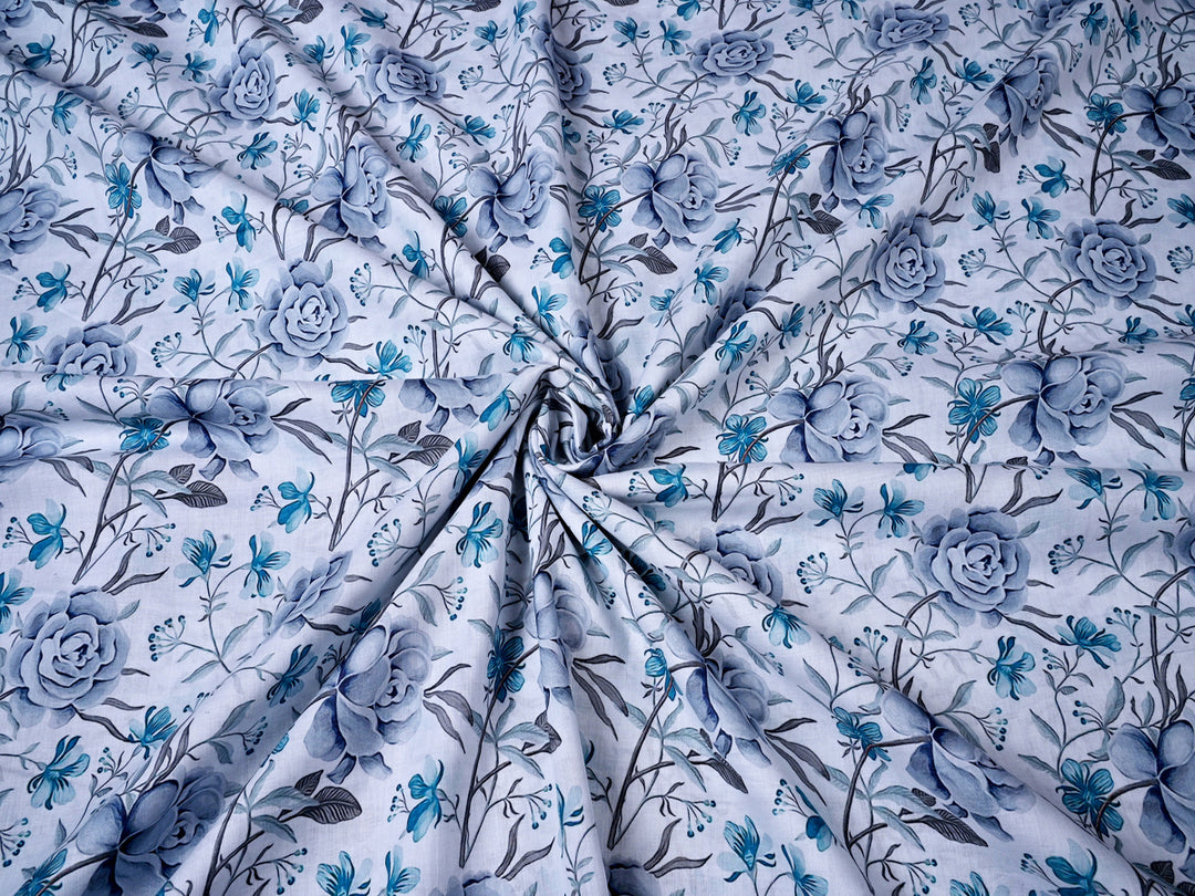 Get Your Blue Cotton Voile Fabric with Beautiful Roses Now!