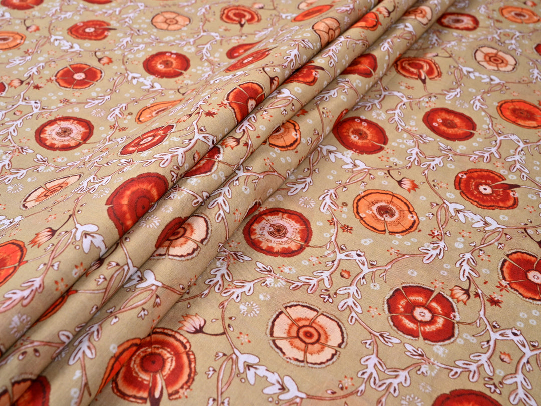 Bagru Red Floral Print on Caramel Cotton