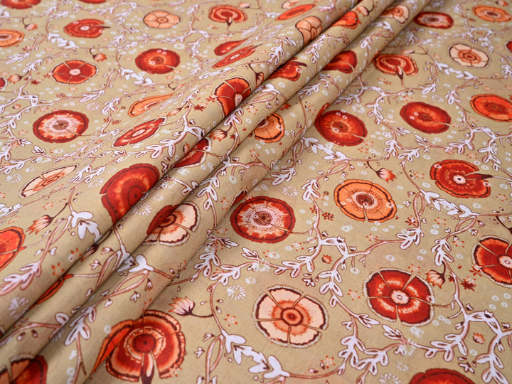 Bagru Handblock Red Floral Print on Caramel Cotton. Order Now!