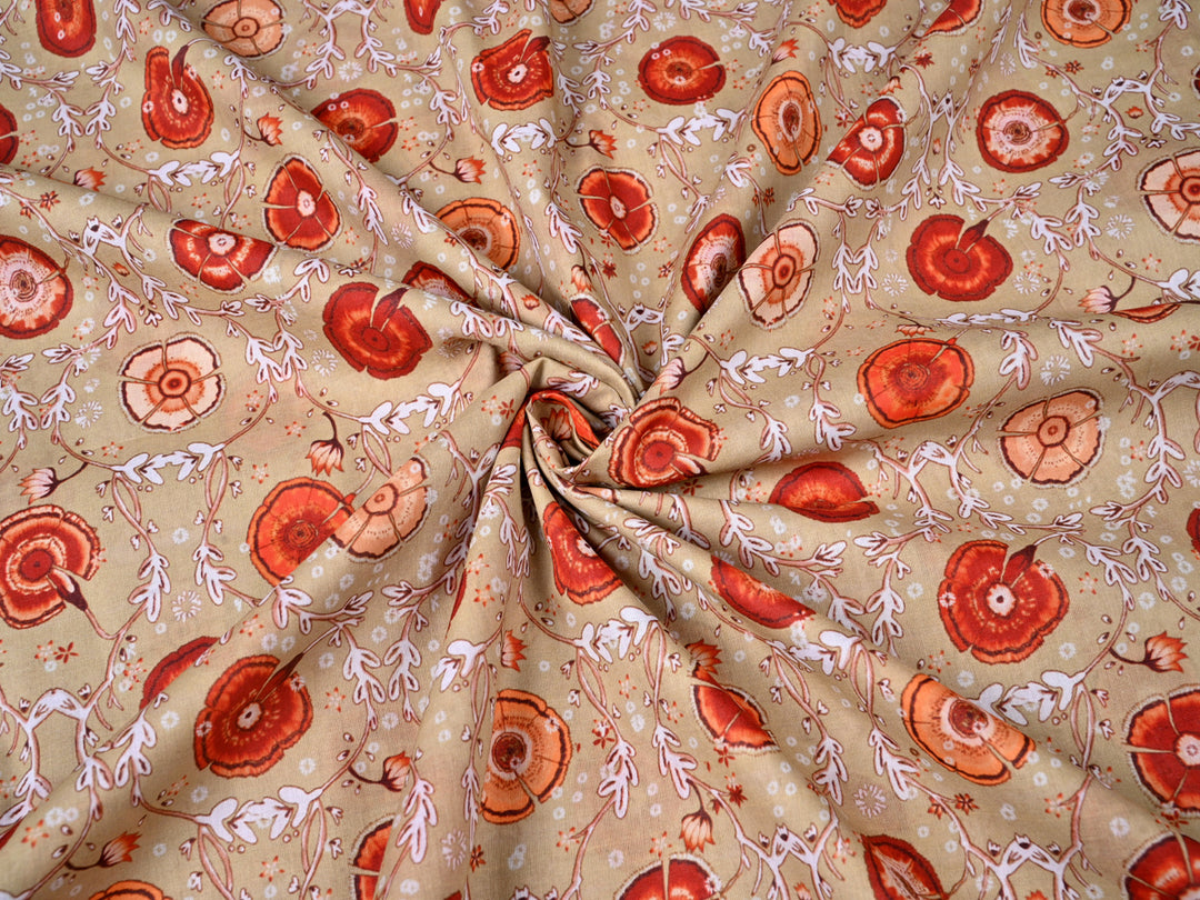 Bagru Handblock Red Floral Print on Caramel Cotton. Order Now!
