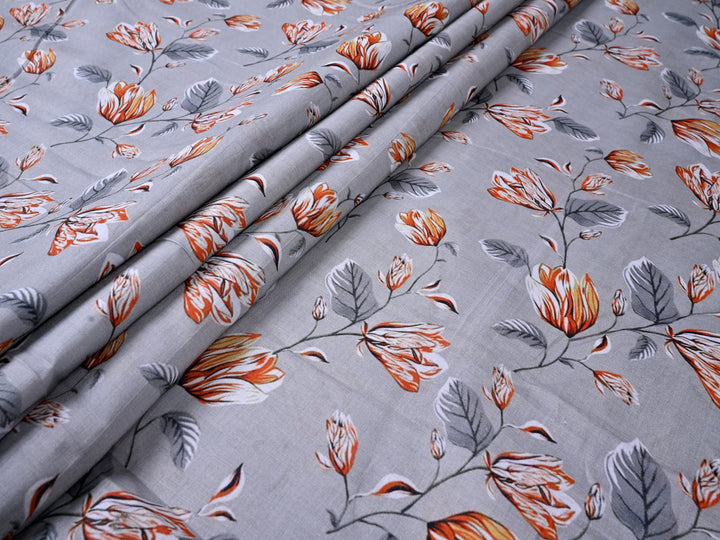 Grey Cotton Fabrics of Boho Leaf design