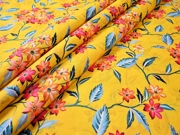 Floral Sunshine Vibrant Yellow Cotton with Leafy Prints