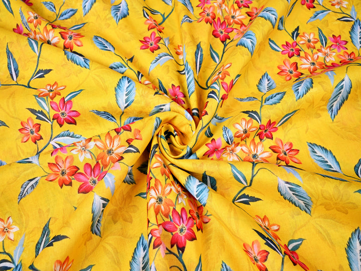Floral Sunshine Vibrant Yellow Cotton with Leafy Prints