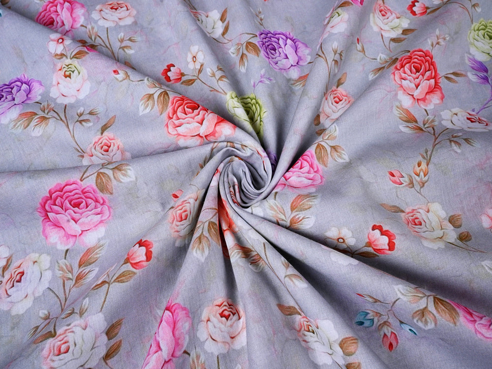 Red, Pink & Purple Roses On Cotton Fabric