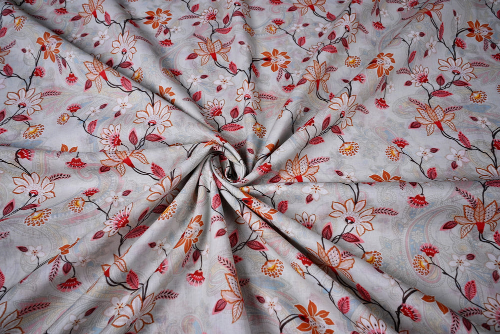  Red, Brown Flowers Printed Cotton Fabric
