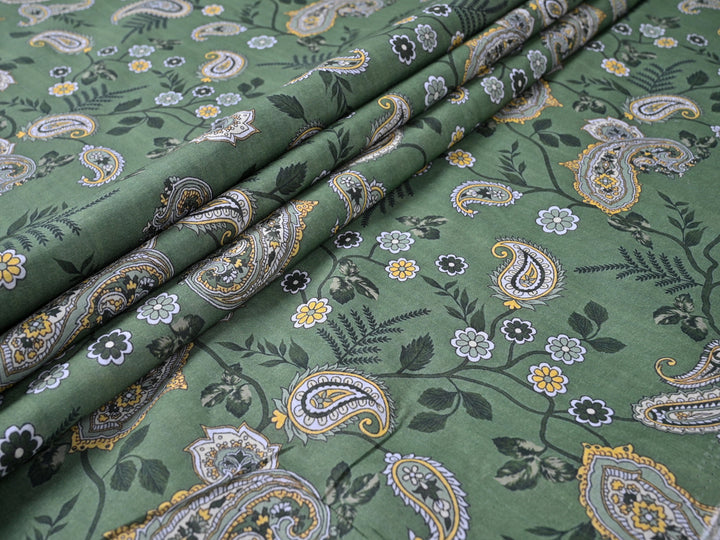 Ethnic Indian Paisley Vector All-Over Green Cotton Fabric