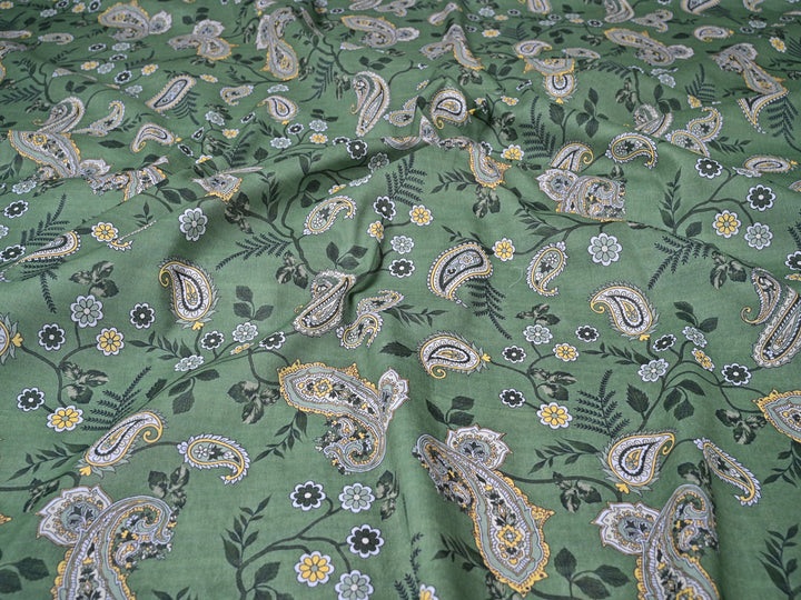 Ethnic Indian Paisley Vector All-Over Green Cotton Fabric