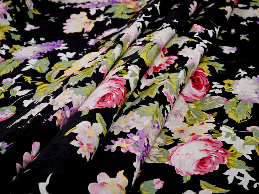 Floral Pattern Black Screen Print Cotton Fabric