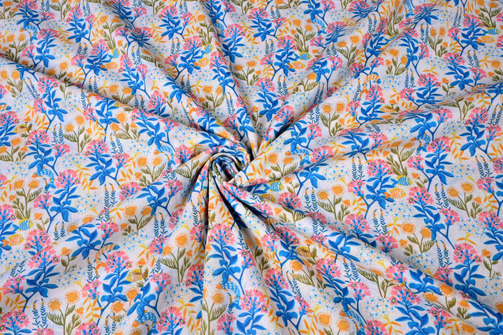 Indigo Leaves and Sunflower Magic on Cream Cotton Fabric