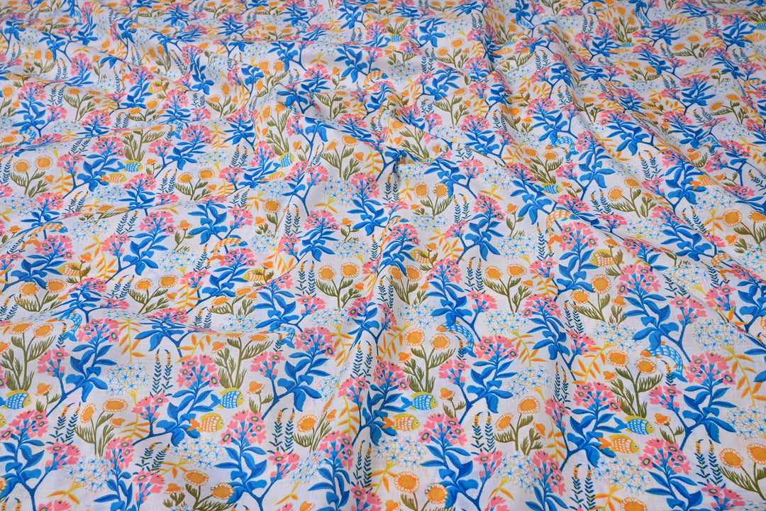 Indigo Leaves and Sunflower Magic on Cream Cotton Fabric