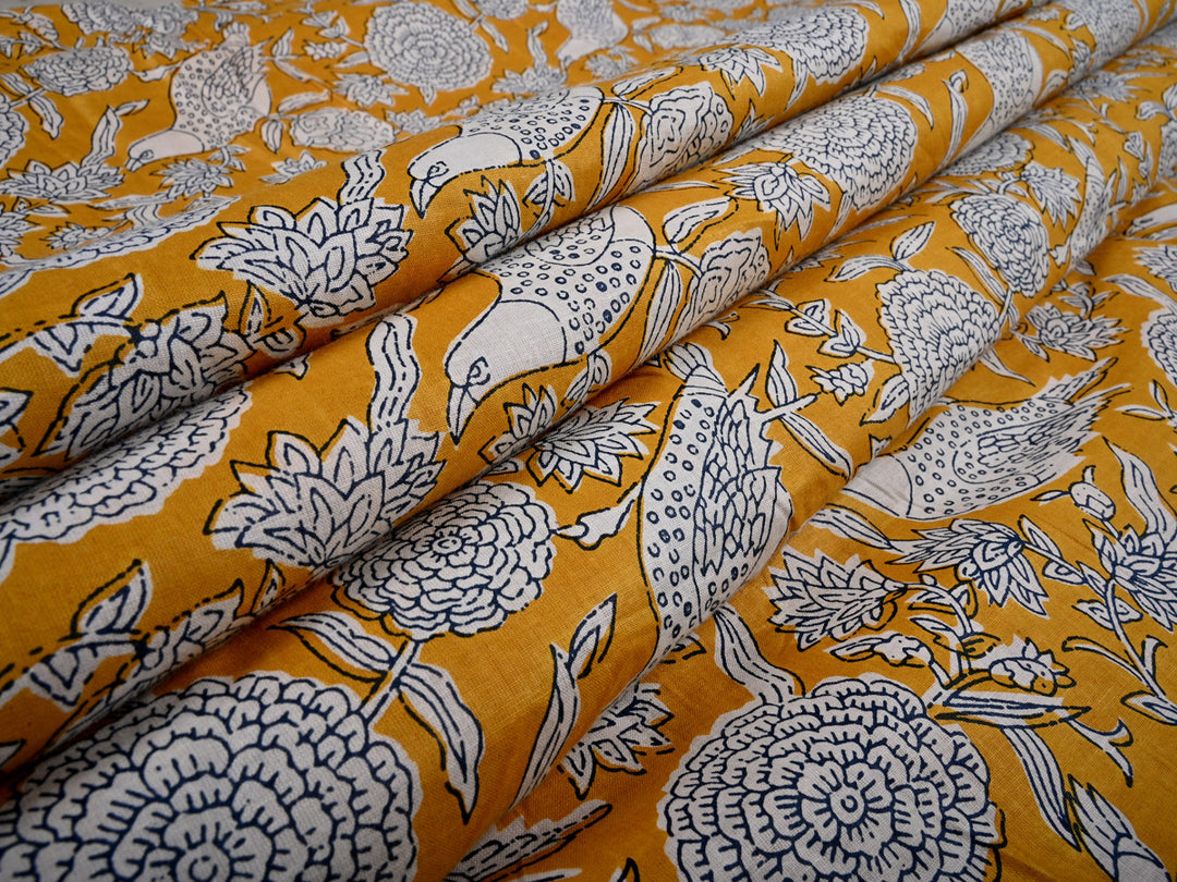 Bird & Flower Handblock Print Cotton Fabric