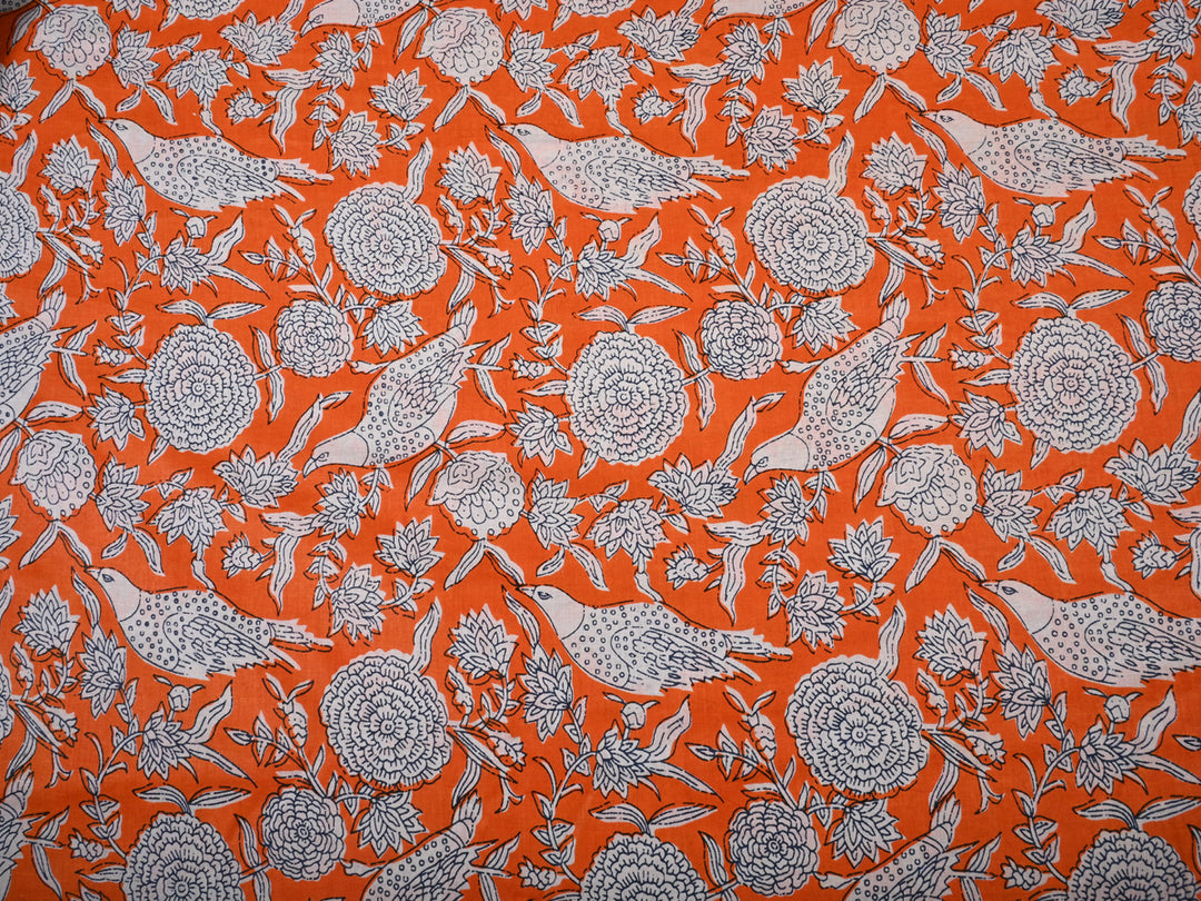 Orange Cotton Fabric With Birds Pattern