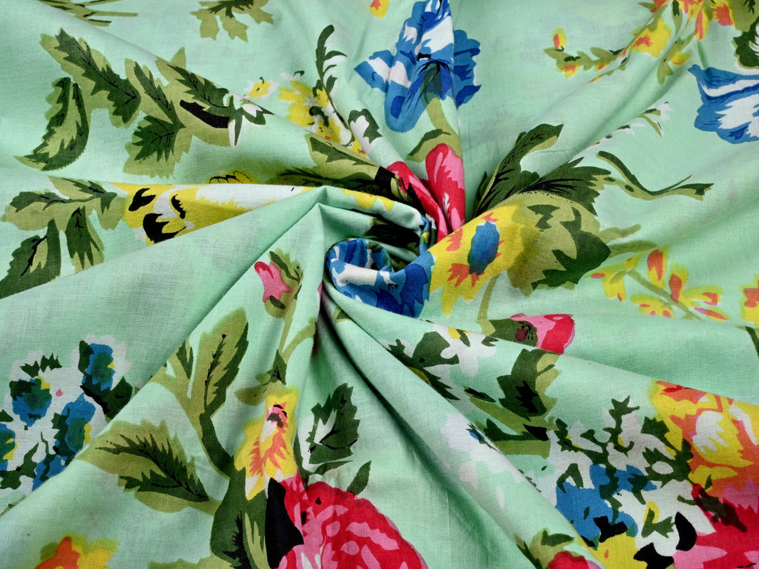 green, blue flower print cotton fabric