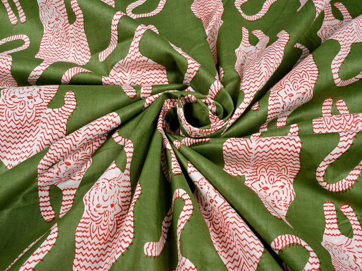 green safari hand screen print fabric