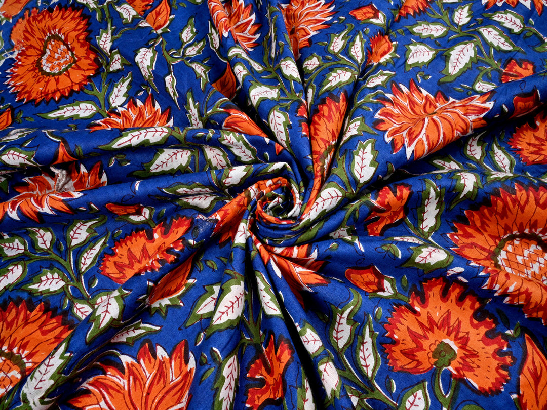 Flower Printed Cotton Fabric On Blue