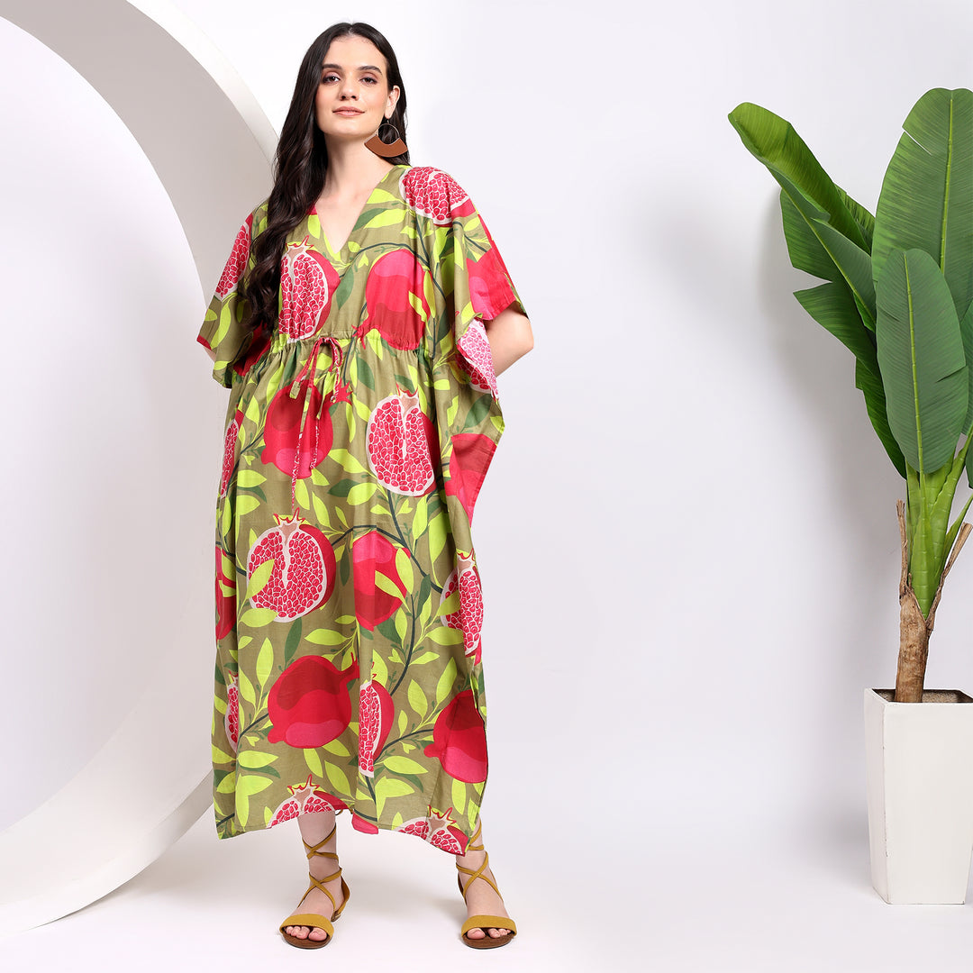 Vibrant Pomegranate Print Cotton Kaftan: Perfect for Summer