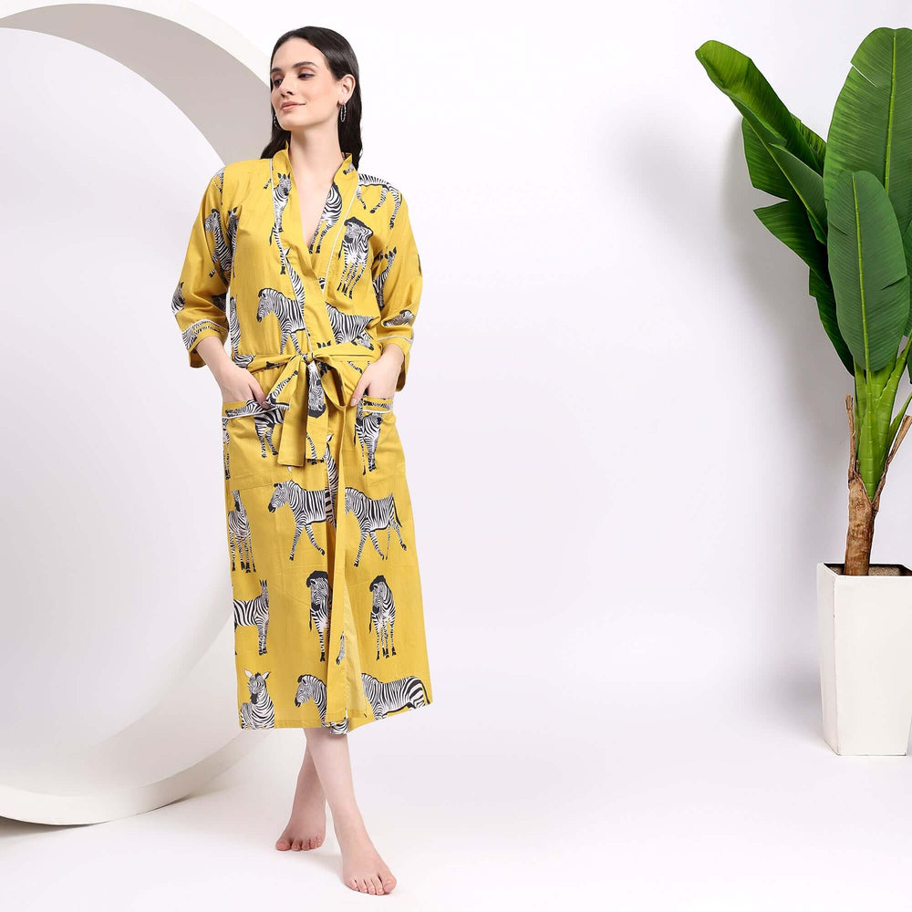 Indian cotton kimono robe – hand block printed with bold zebra animal print for women