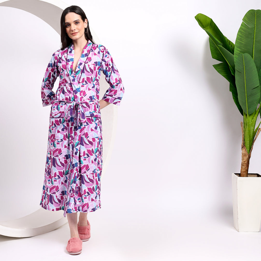 Cozy Prints With Green Abstract Cotton Kimono Robes