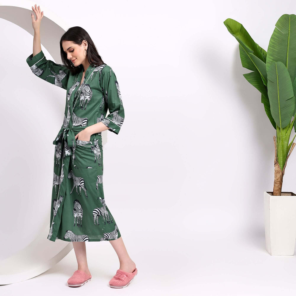 Hand block print cotton kimono – zebra animal print robe for women in breathable Indian cotton