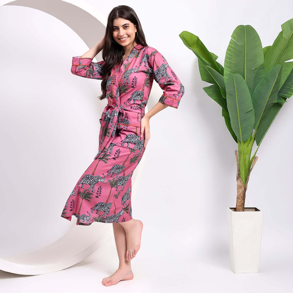 Hand block print cotton kimono – animal prints floral robe for women in breathable Indian cotton