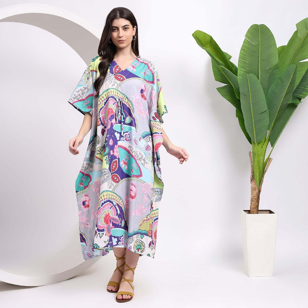 Block print floral kaftan – cotton maxi boho dress