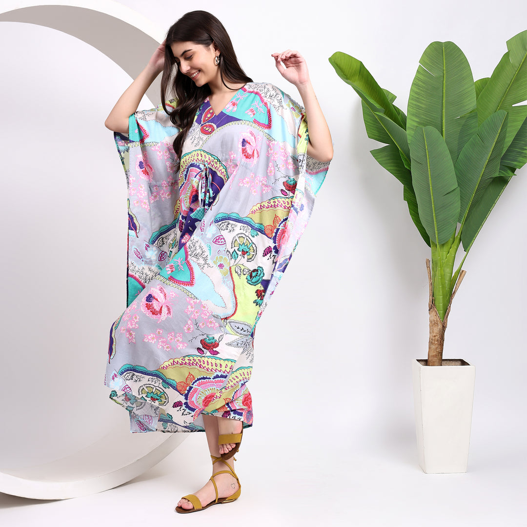 Block Print Floral Kaftan Cotton Boho Maxi Dress & Caftans M / Coffee Brown / 48 Inches Block Print Floral Kaftan Cotton Boho Maxi Dress & Caftans M / Coffee Brown / 48 Inches
