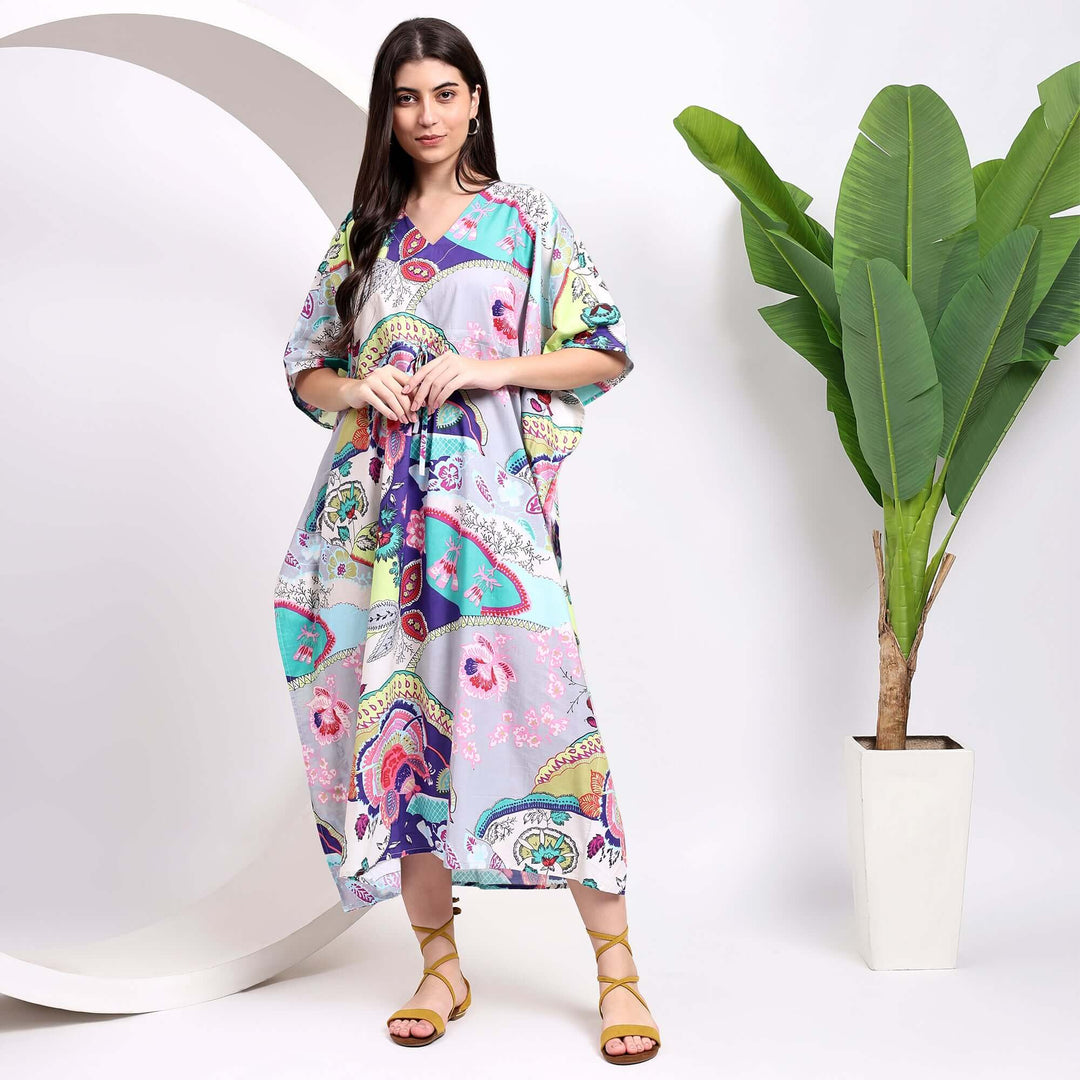 Block Print Floral Kaftan – Cotton Boho Maxi Dress & Caftans XXL / Bottle Green / 52 Inches