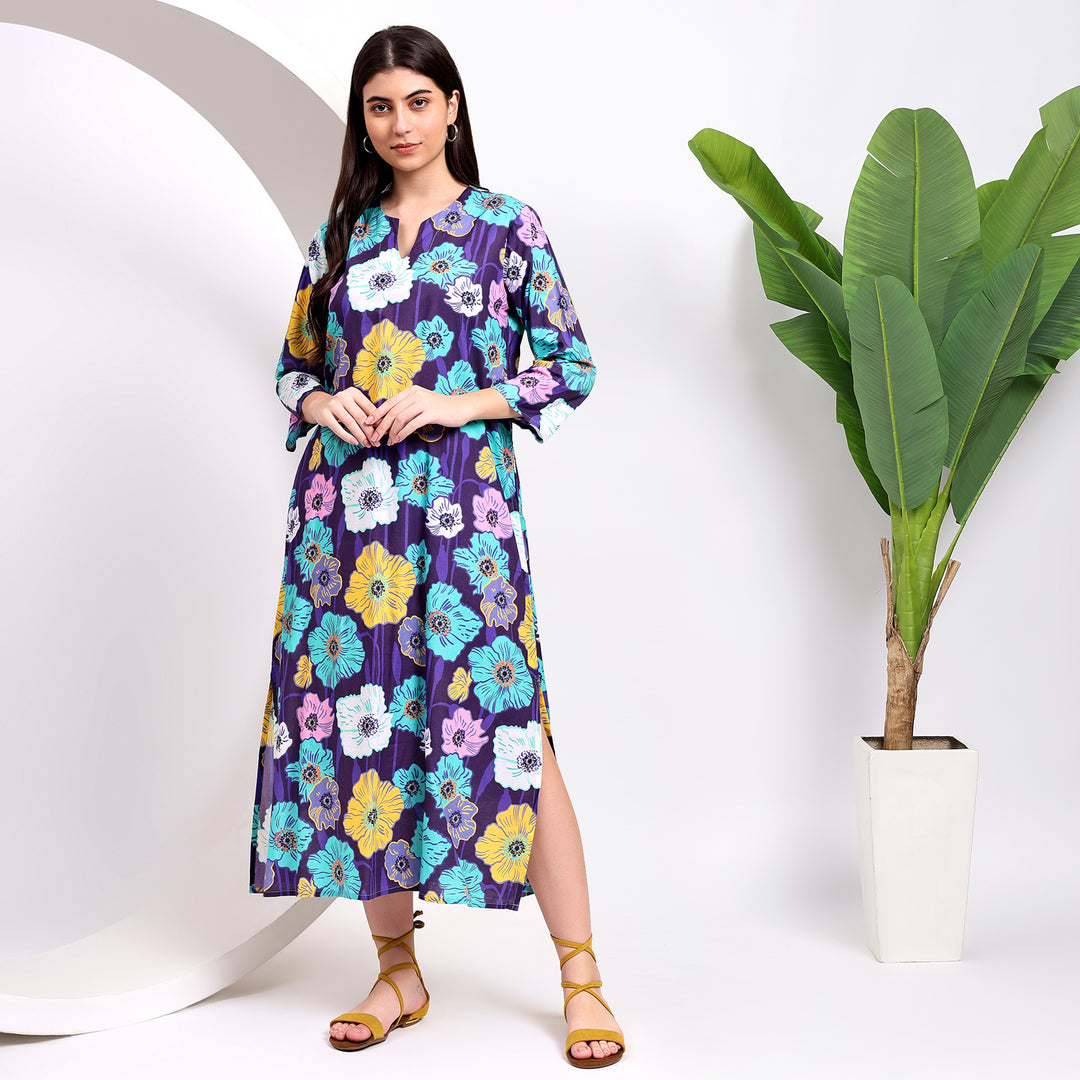 Yellow Blooms: Floral Midi Dress with Flirty Side Cuts