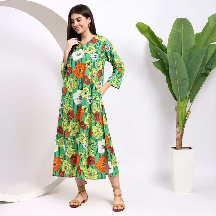 Buy the Green Floral Midi Dresses with Flowing Sleeves!