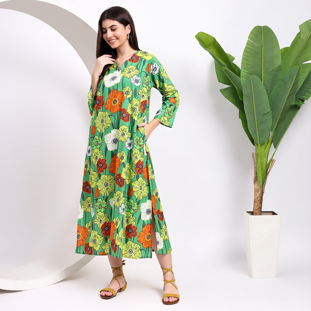 Yellow Blooms: Floral Midi Dress with Flirty Side Cuts