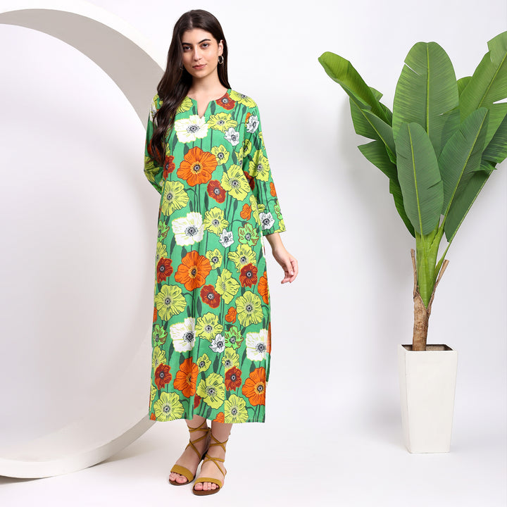 Buy the Green Floral Midi Dresses with Flowing Sleeves!