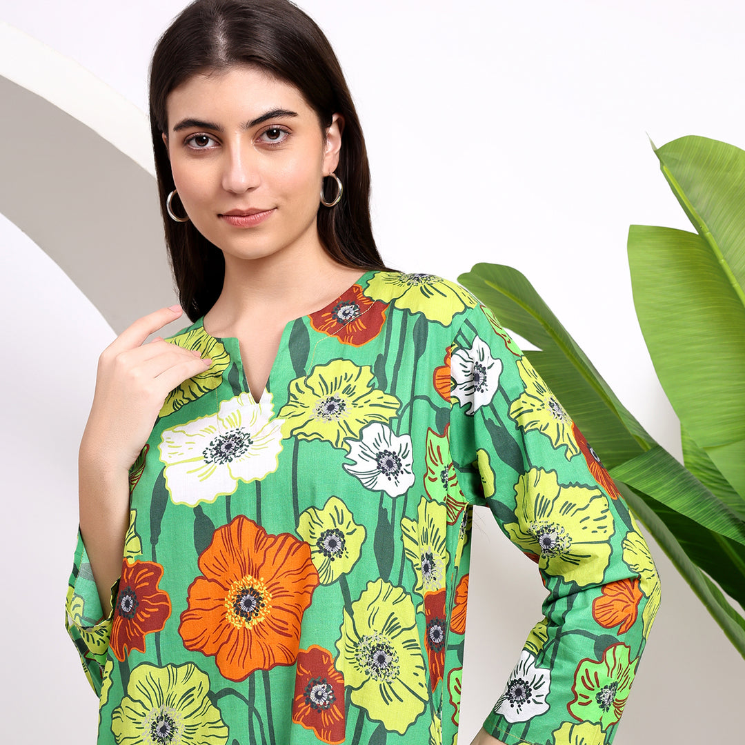 Buy the Green Floral Midi Dresses with Flowing Sleeves!