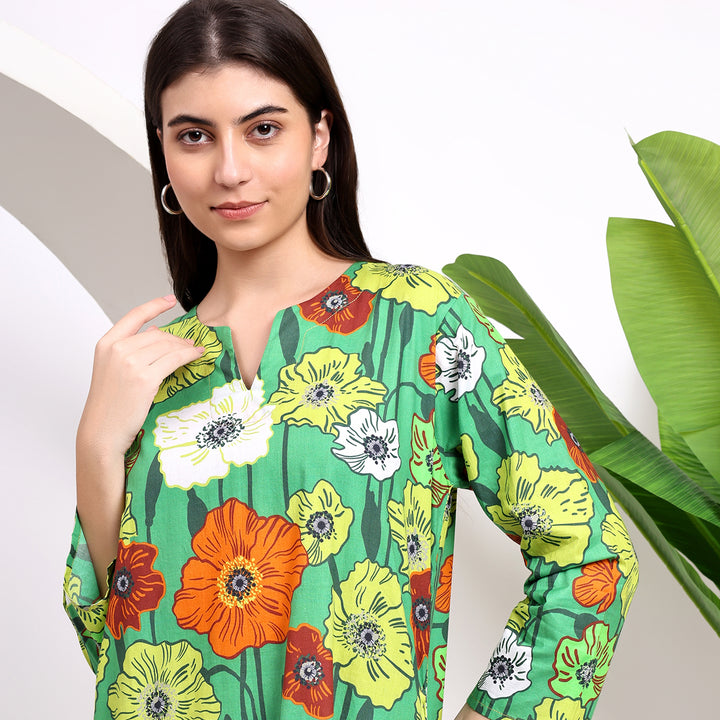 Buy the Green Floral Midi Dresses with Flowing Sleeves!