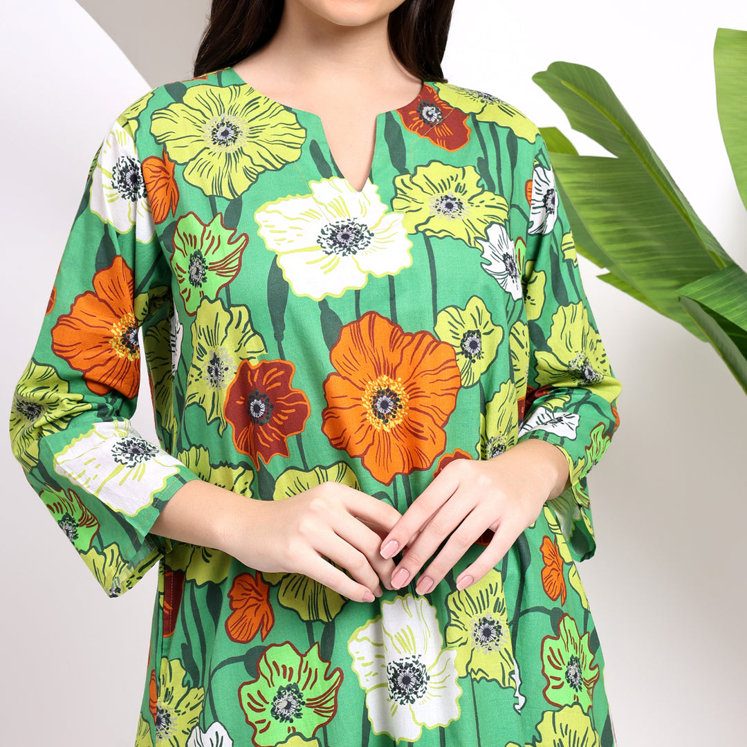 Buy the Green Floral Midi Dresses with Flowing Sleeves!